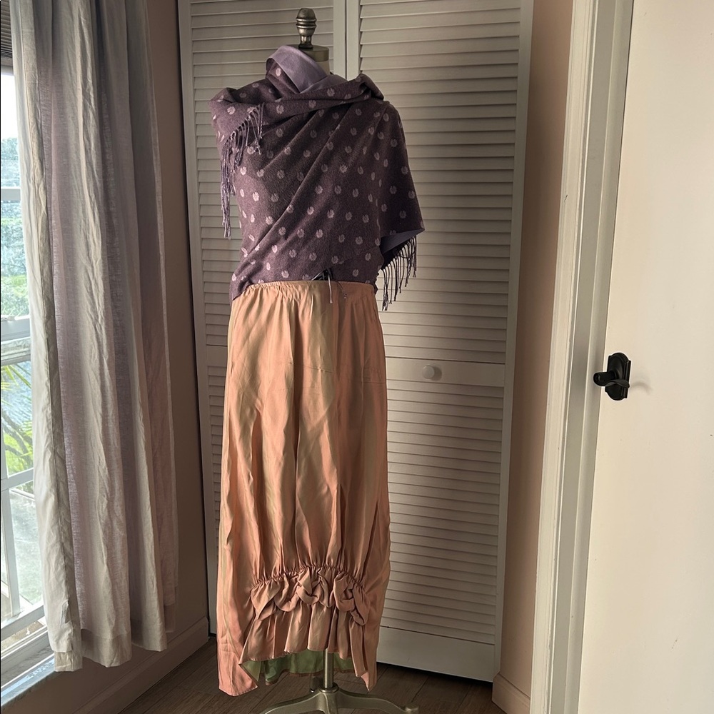 Blush Satin Ruffle Hem Skirt Elastic Waist Contrast Lining Feminine Romantic
